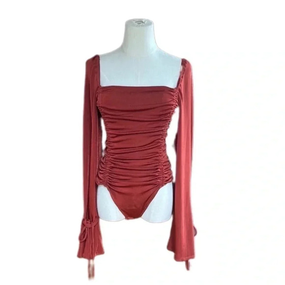 Free People Ruched Long Sleeve Bodysuit Cherry Chai Bottom Snap Closure Small - Picture 6 of 13